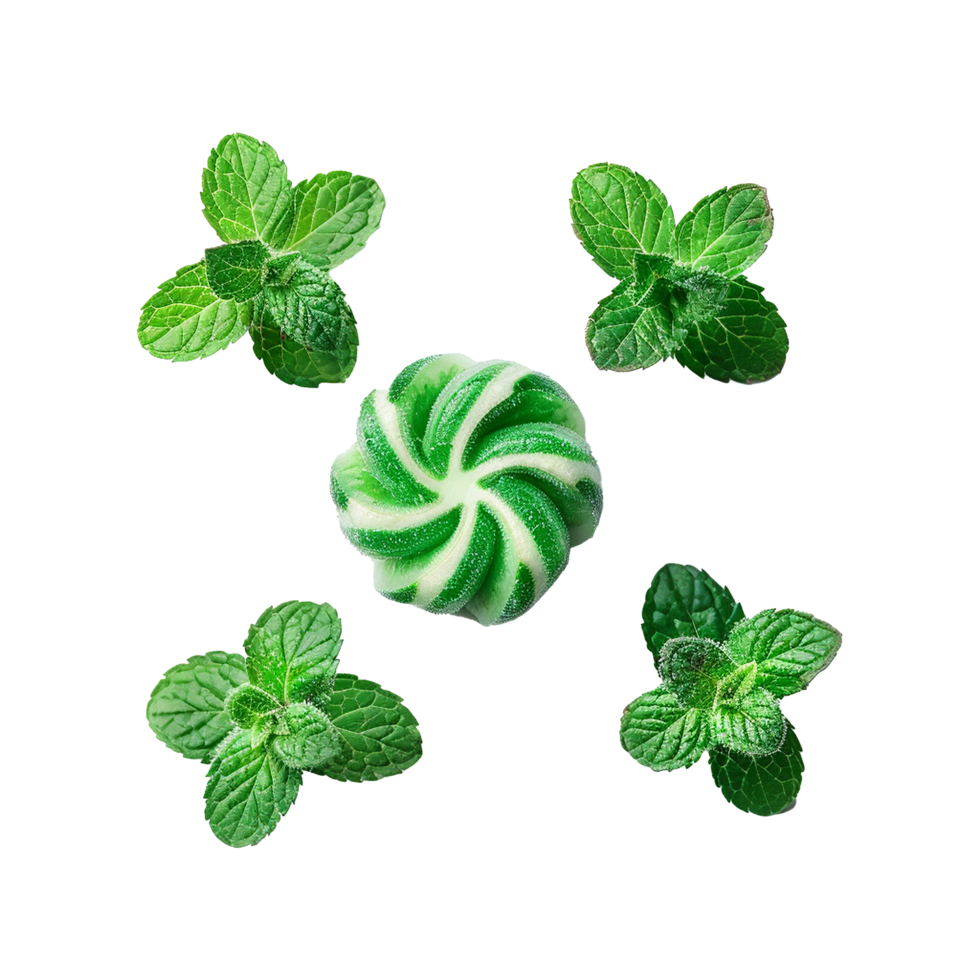 Refreshing Mint Candy with Green Leaves and Swirl Design png