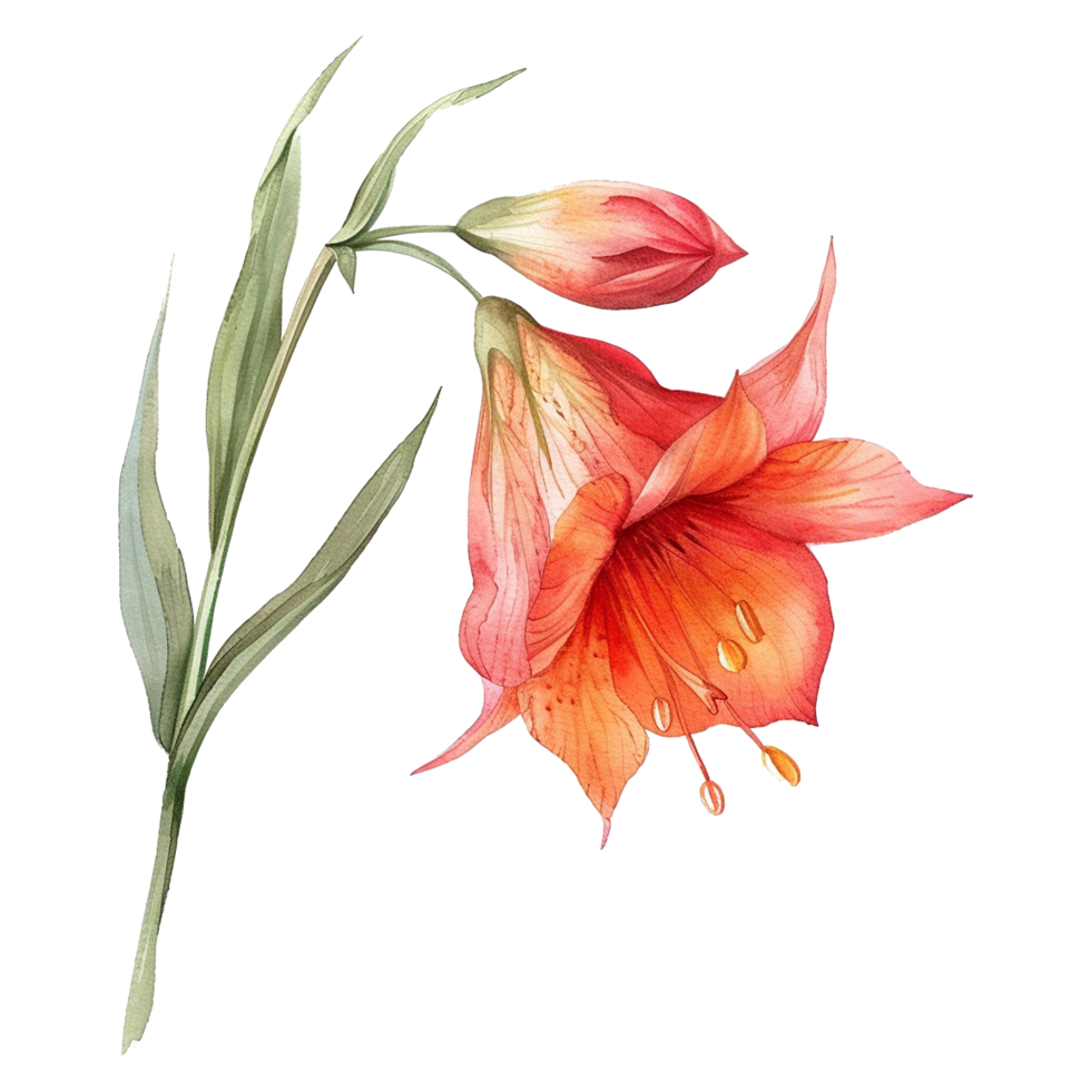 Watercolor Painting of a Delicate Orange Lily Flower with Green Stem and Leaves png
