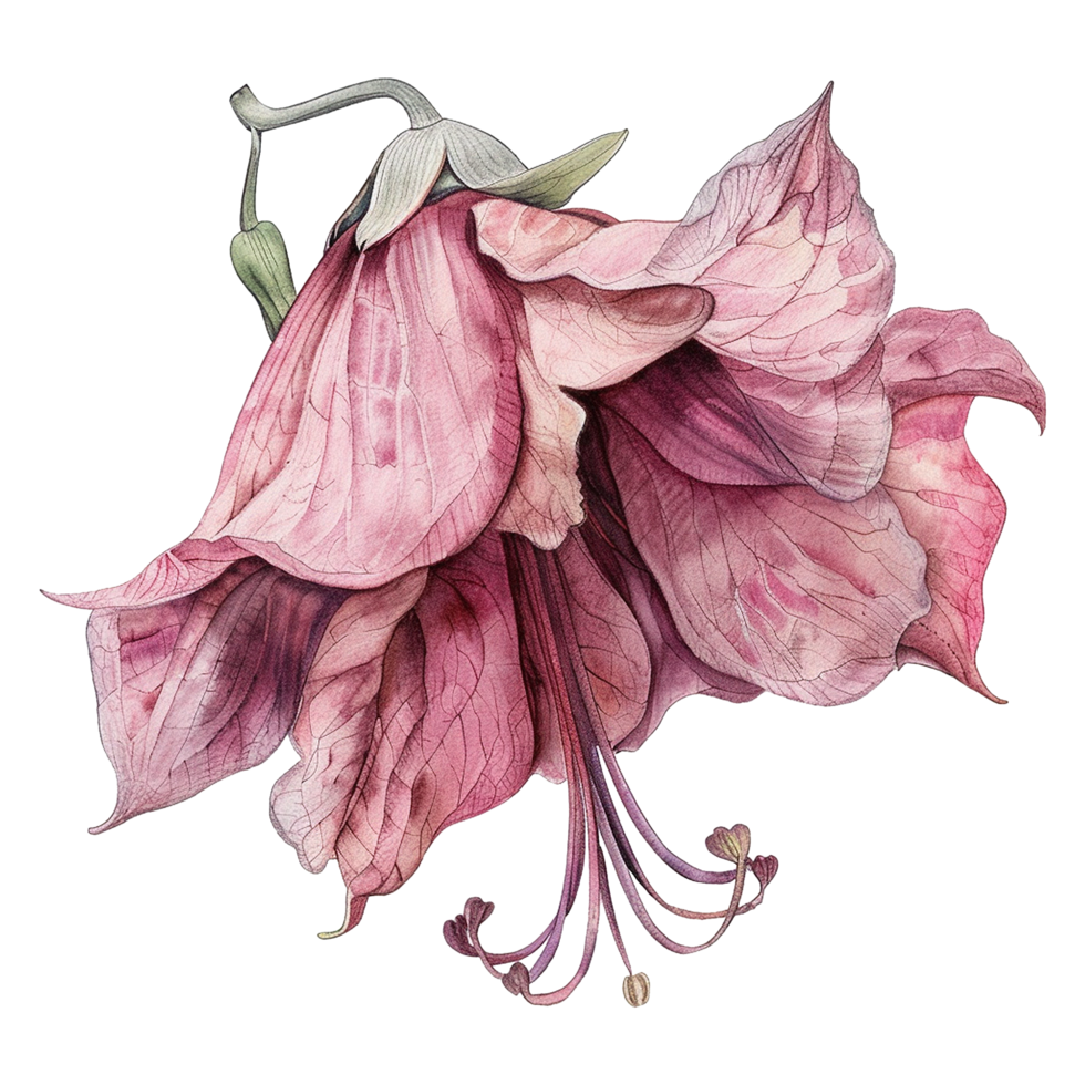 Watercolor Painting of a Delicate Pink Flower with Intricate Petals and Stamens png