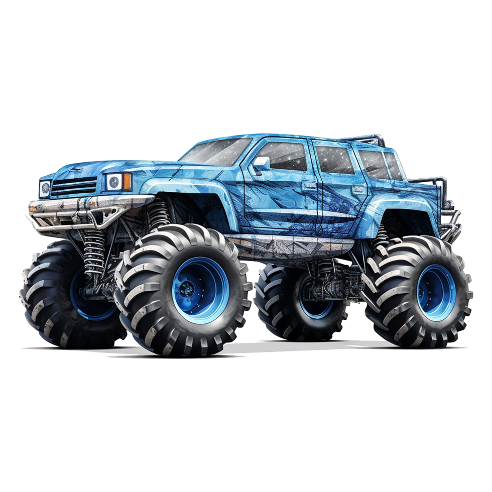 A Stunning Digital Rendering of a Blue Monster Truck with Huge Tires png