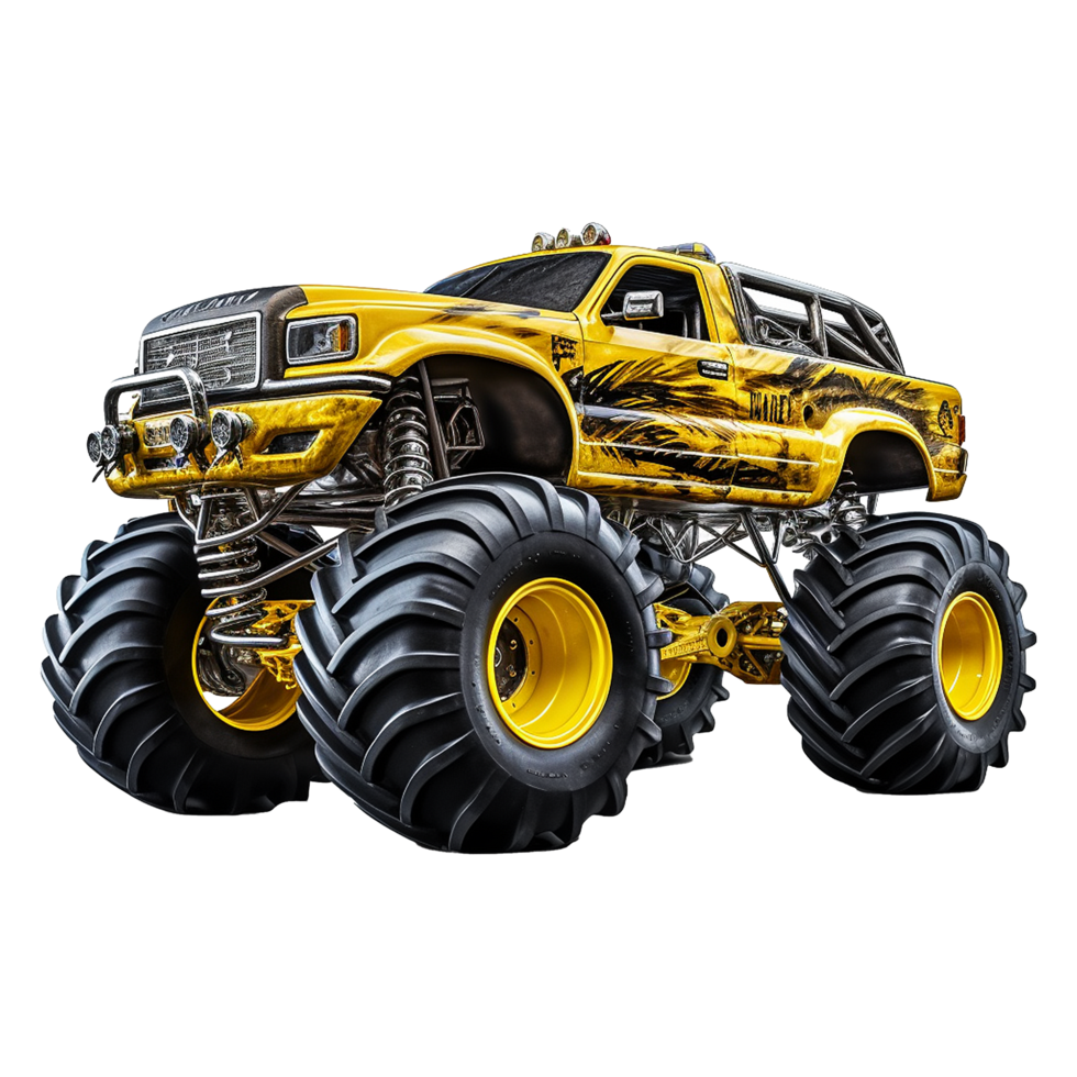 Powerful Yellow Monster Truck with Aggressive Design and Huge Tires png