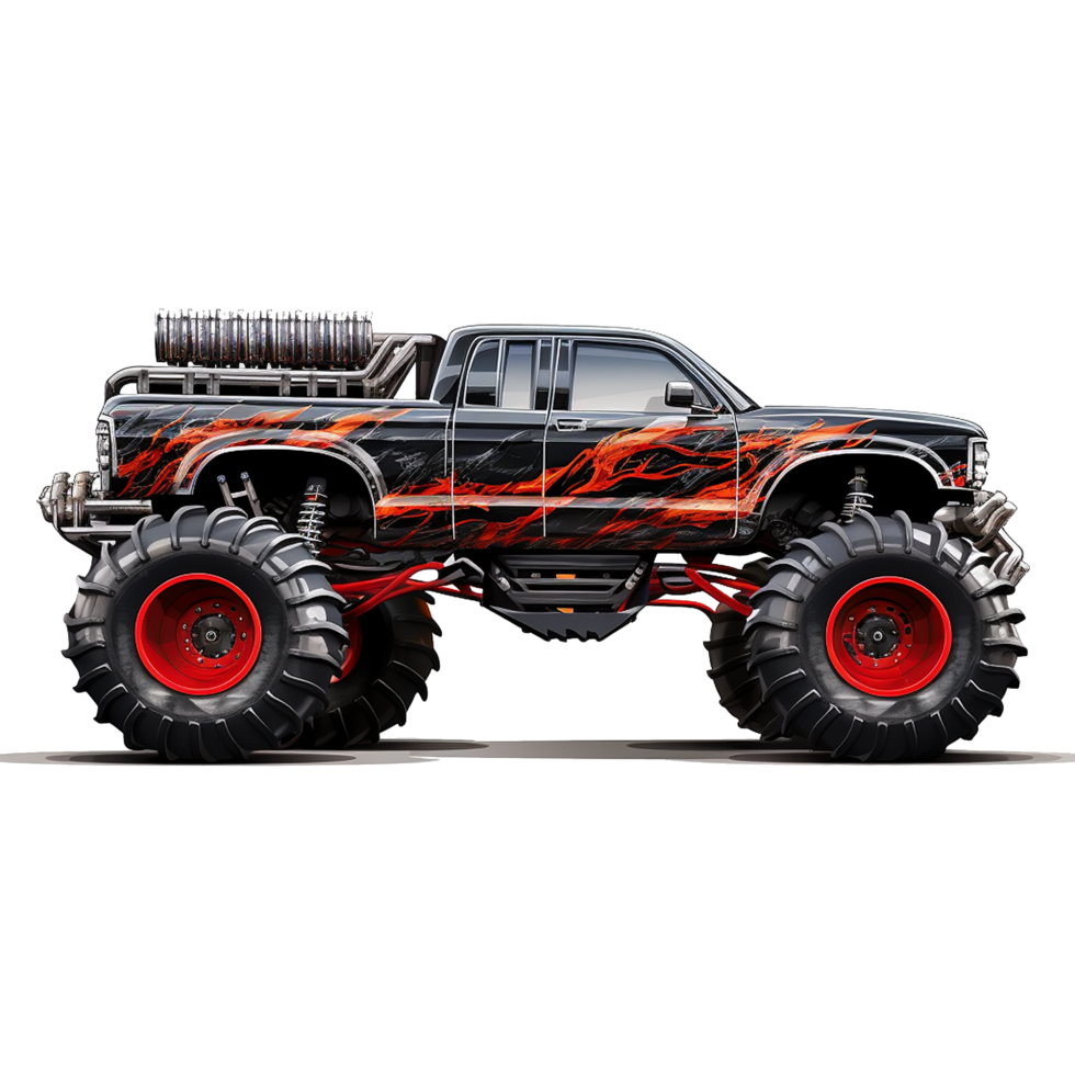 Monster Truck Design Black and Red Flame Graphic Custom Offroad Vehicle png