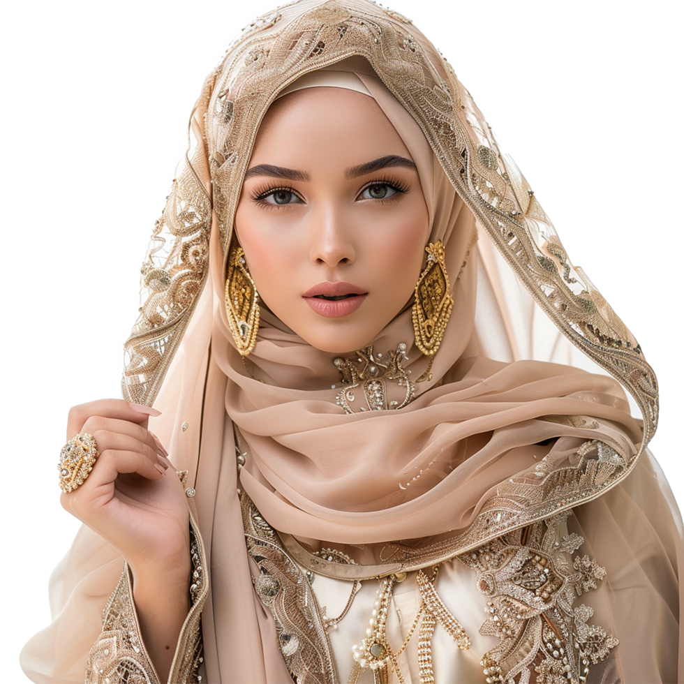 Stunning Muslim Woman in Beige and Gold Embroidered Hijab and Abaya png