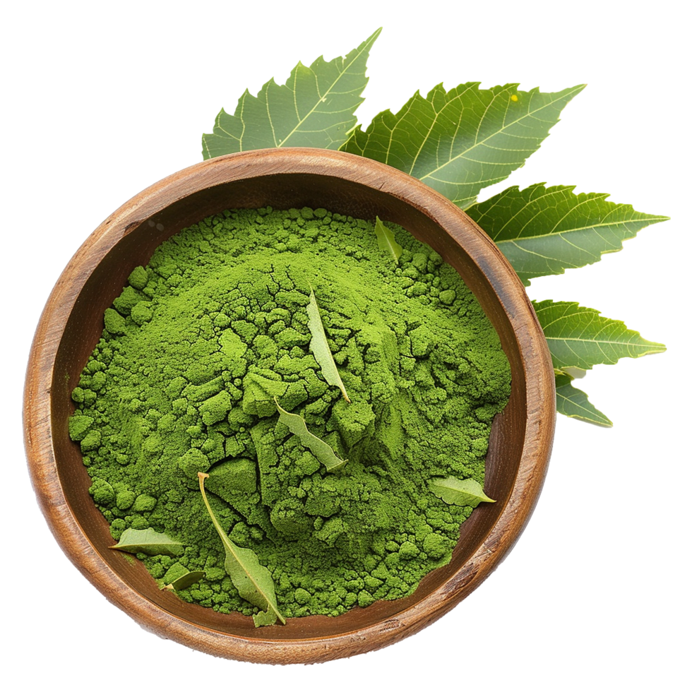 Aromatic Neem Powder in Wooden Bowl with Fresh Neem Leaves png