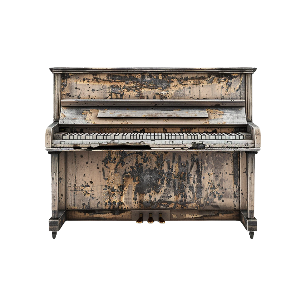 A weathered and aged upright piano with a distressed finish, showing signs of time and decay png