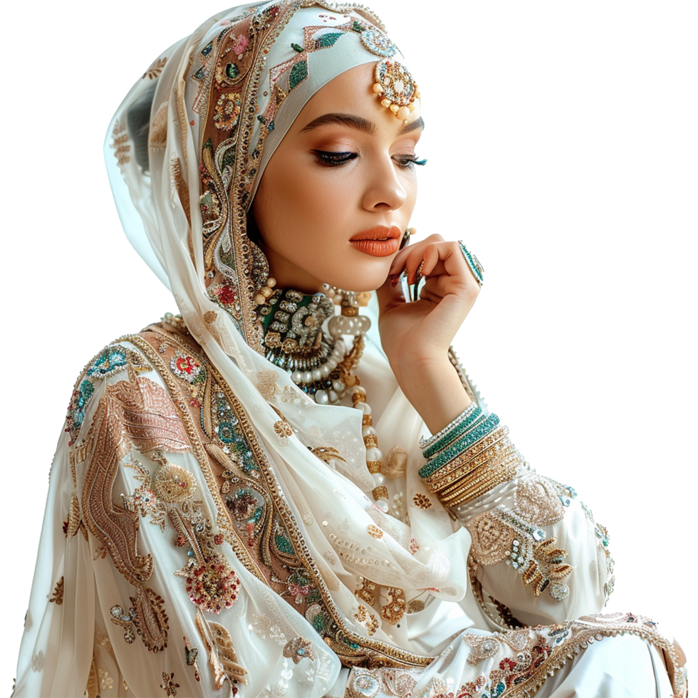A Stunning Portrait of a Woman in Exquisite Embroidered Bridal Outfit and Traditional Jewelry png