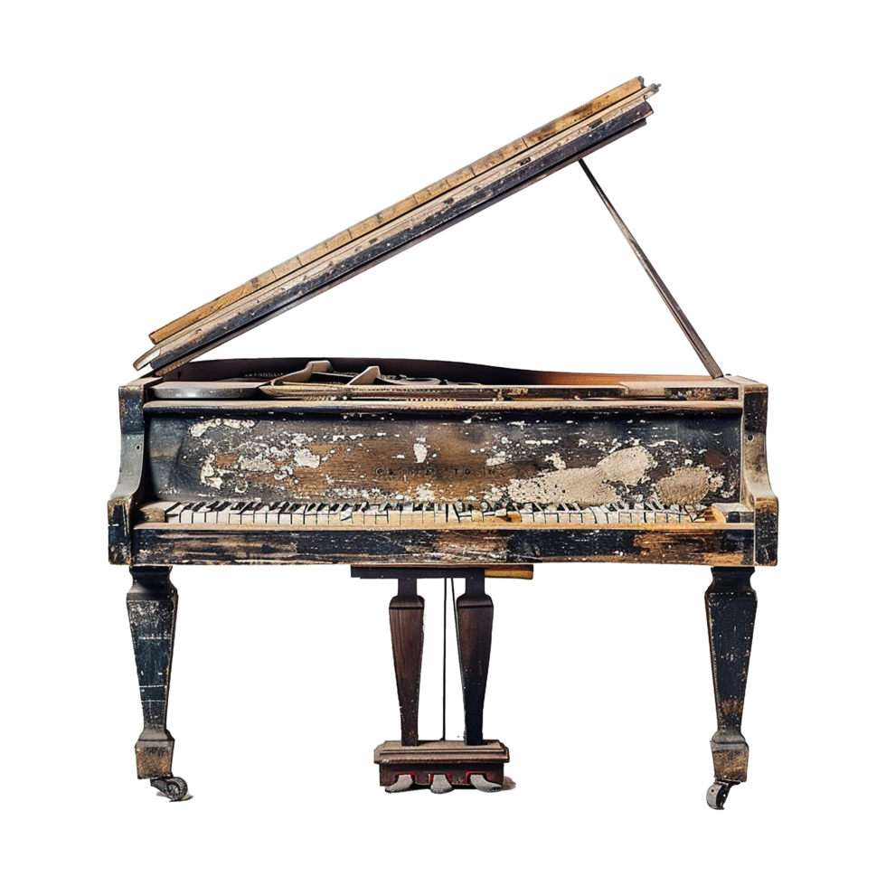 A weathered and aged grand piano with its lid open, showing signs of significant decay and damage png