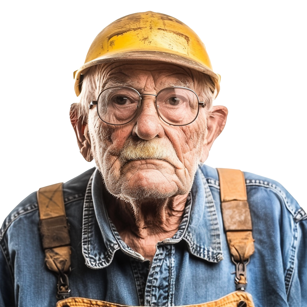 Portrait of a weathered senior construction worker wearing a hard hat and denim overalls png