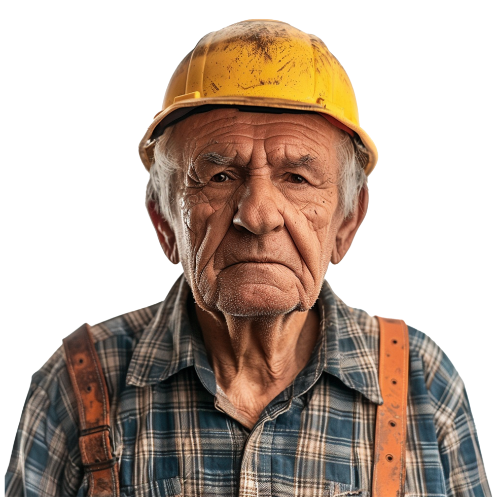 Portrait of a weathered senior construction worker wearing a yellow hard hat and plaid shirt png