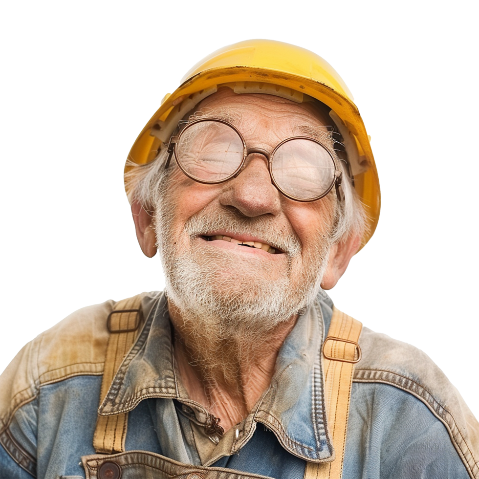 Happy Elderly Construction Worker Wearing a Yellow Hard Hat and Denim Overalls png
