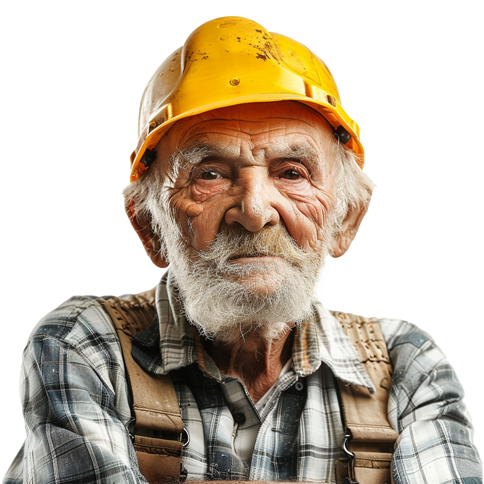 Portrait of a weathered senior construction worker with a yellow hard hat png