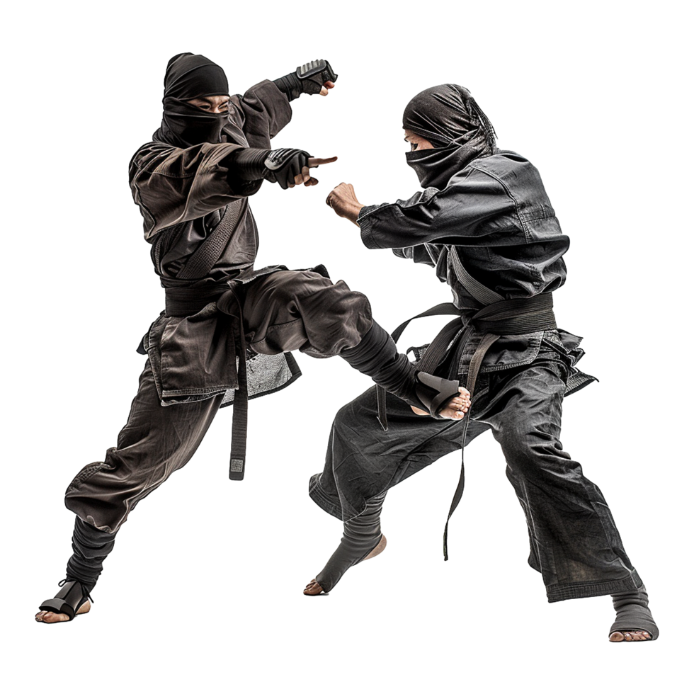 Two Ninjas in Dynamic Combat Pose Striking a Powerful Martial Arts Stance png
