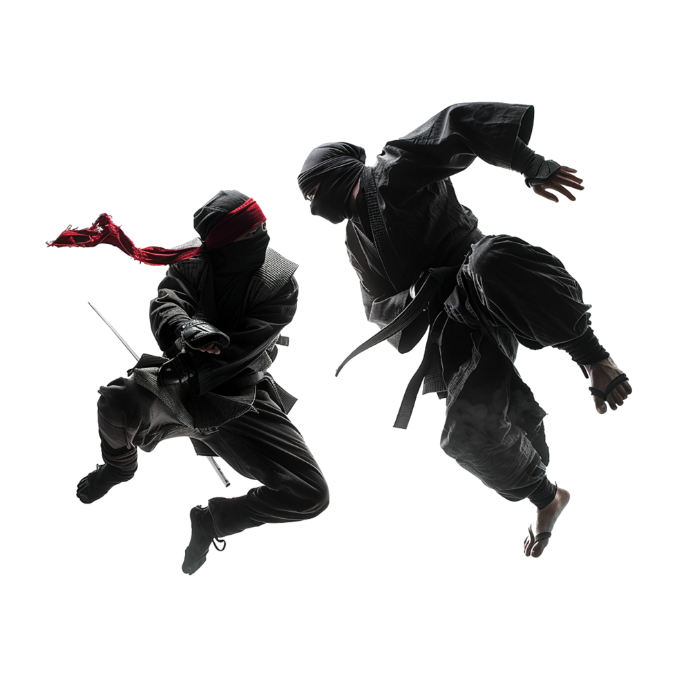 Two ninjas in midair combat dynamic action pose martial arts png