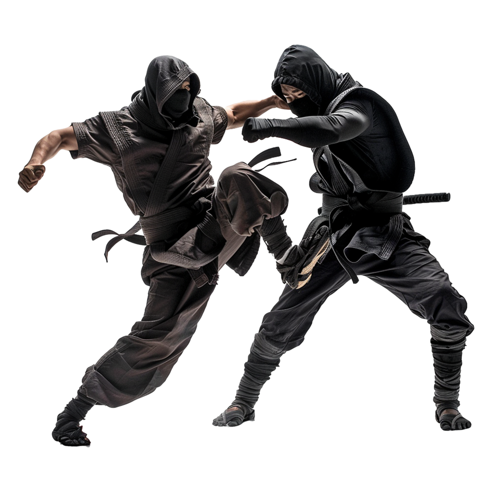 Two Ninjas in a Dramatic Martial Arts Confrontation Dynamic Pose png