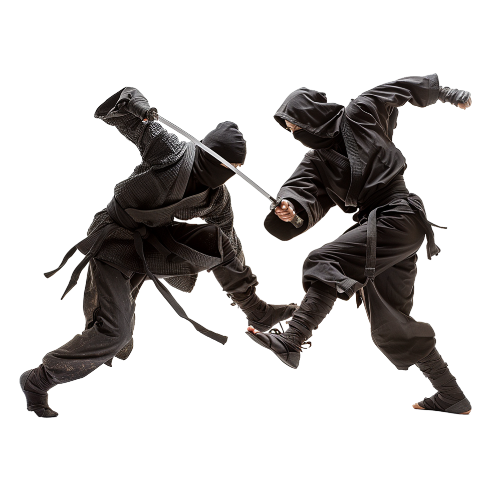 Two Ninjas in Dynamic Combat Action Pose with Swords png