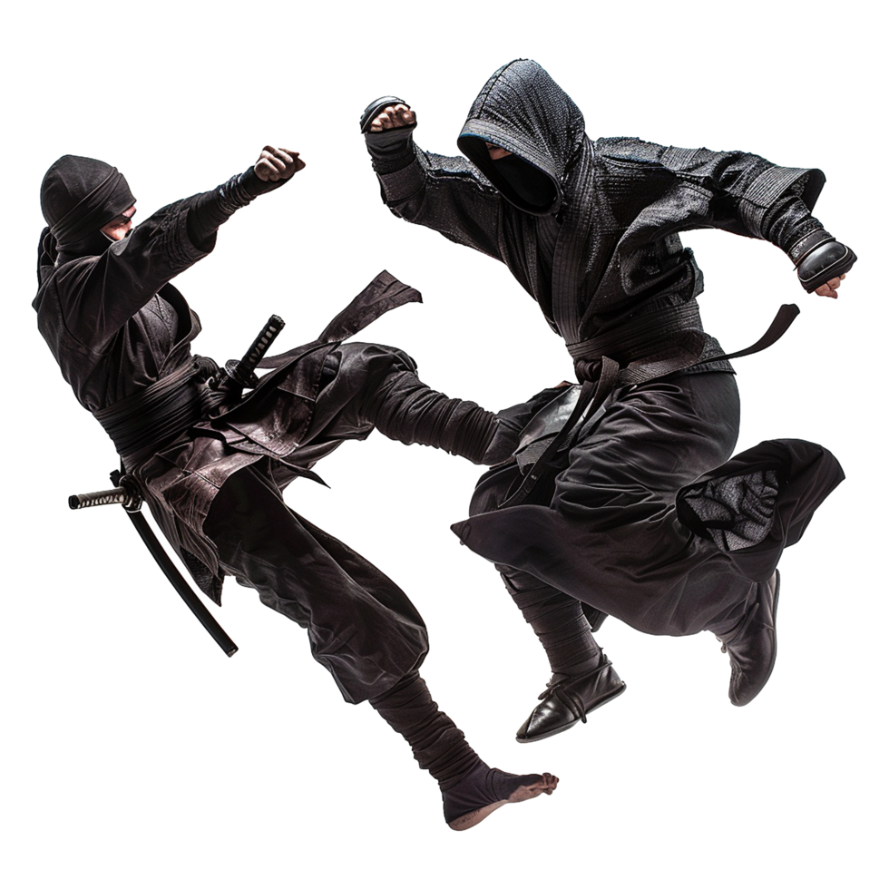 Dynamic Ninjas in MidAir Combat A Thrilling Display of Martial Arts Skills and Grace png