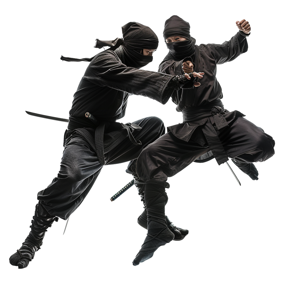 Two Ninjas in MidAir Combat Leaping and Striking with Swords png
