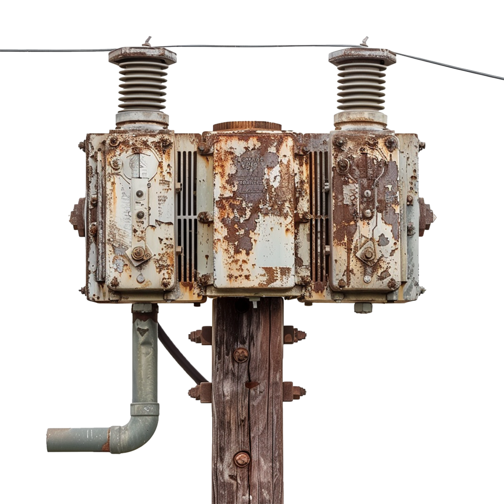 Rusty Old Electrical Transformer on Wooden Pole with Attached Pipes png