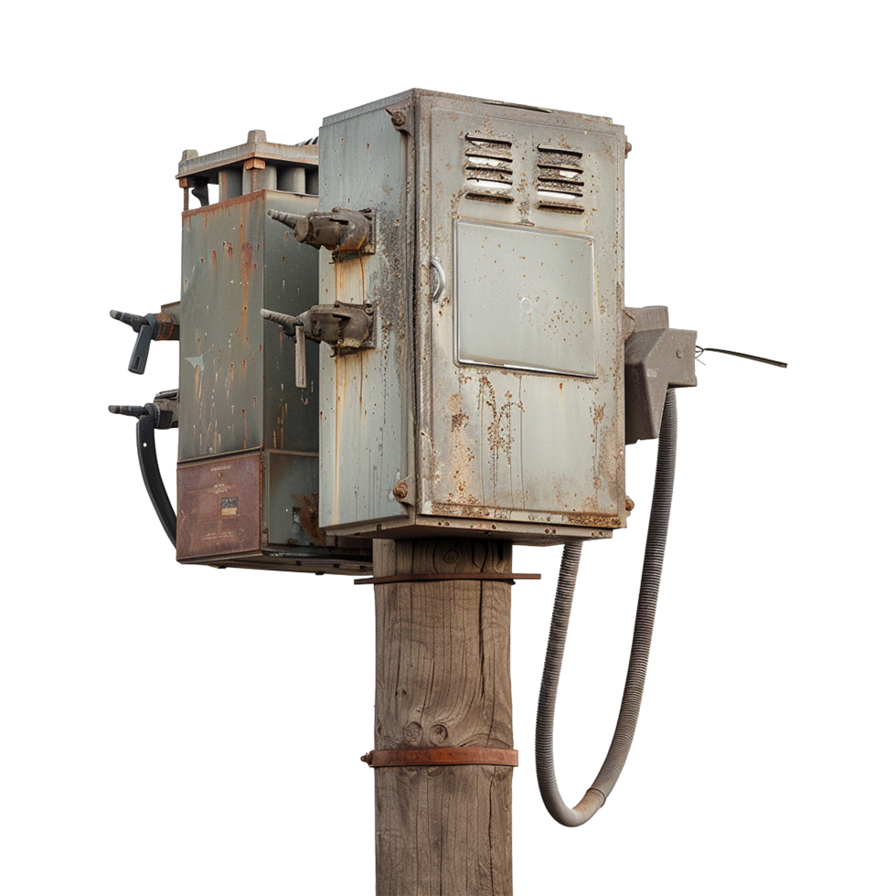 Old Rusty Electrical Utility Box Mounted on Wooden Post png