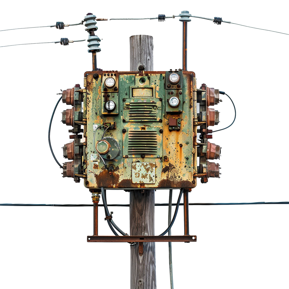Rusty and weathered electrical equipment on a wooden utility pole png