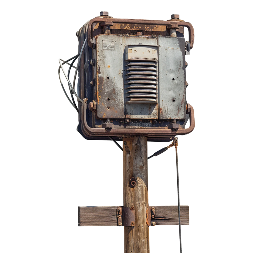 Rusty Old Industrial Electrical Box Mounted on Wooden Post png