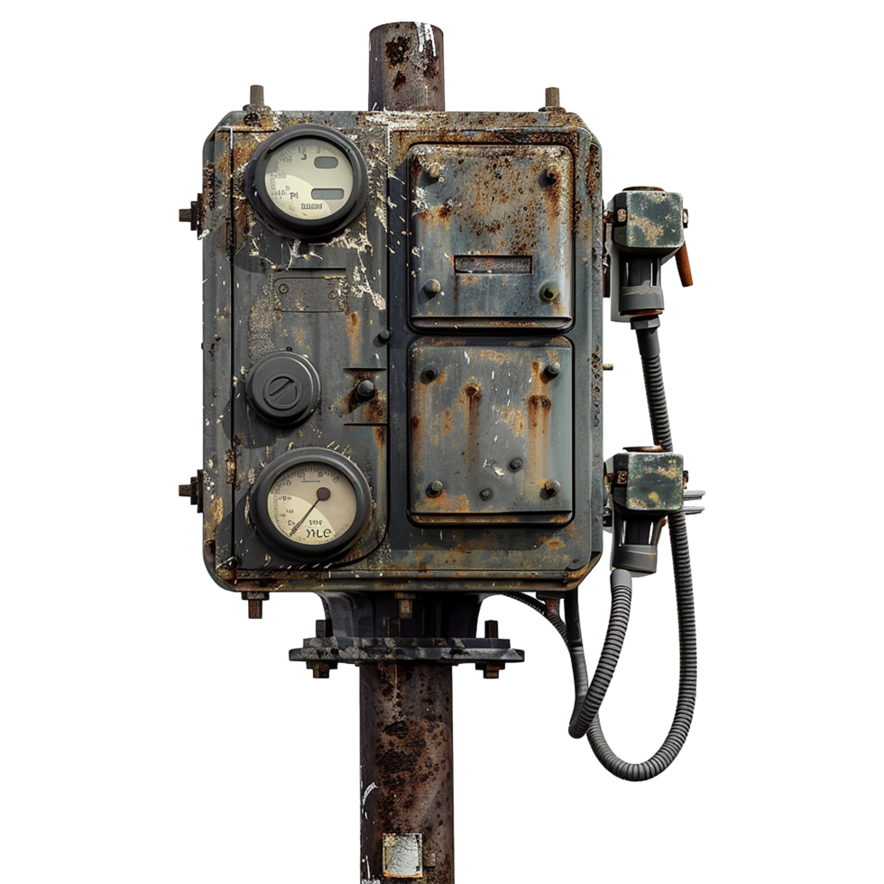 A weathered and rusty industrial control box mounted on a pole, featuring multiple gauges and connections png