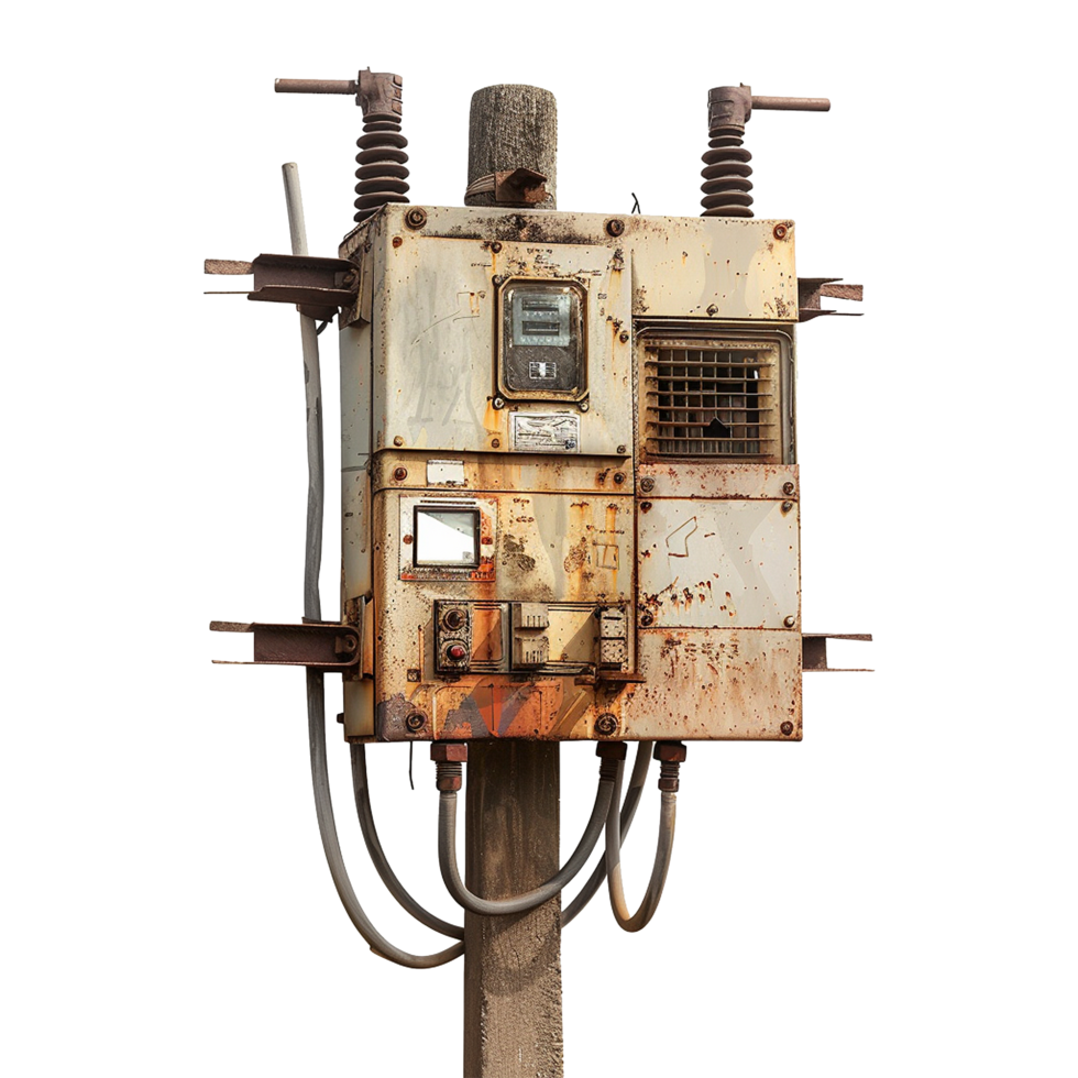 Rusty Old Electrical Box on Wooden Post Outdoor Power Equipment png