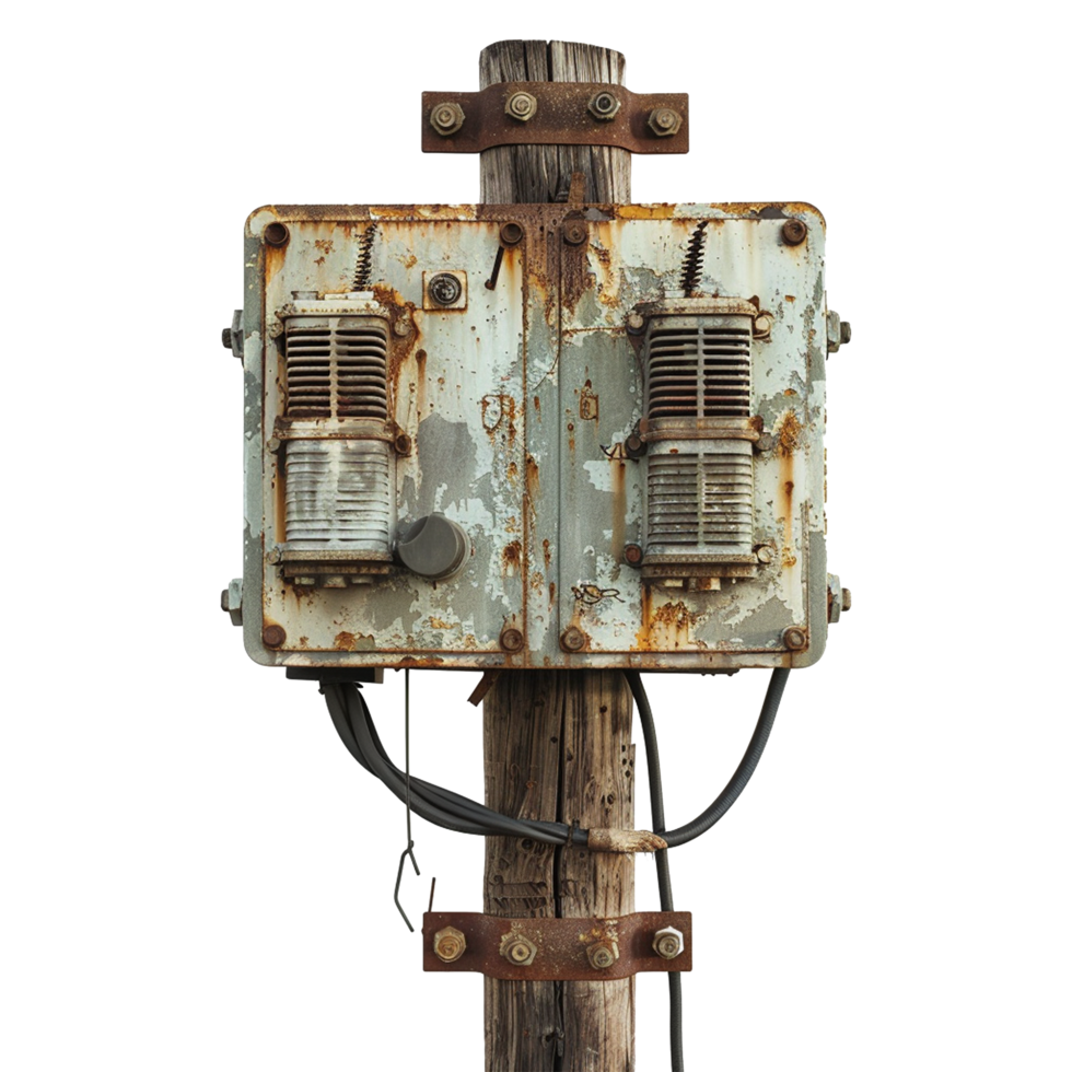Rusty Old Electrical Box Mounted on Weathered Wooden Post png