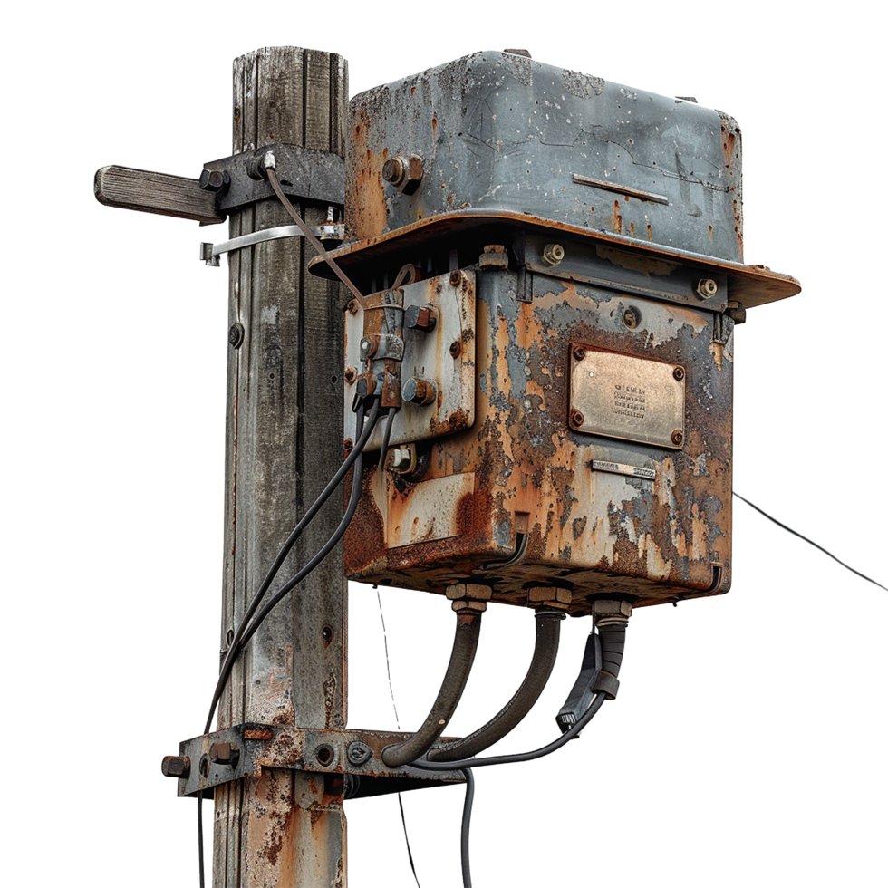 A weathered and rusty electrical box mounted on an old wooden utility pole png
