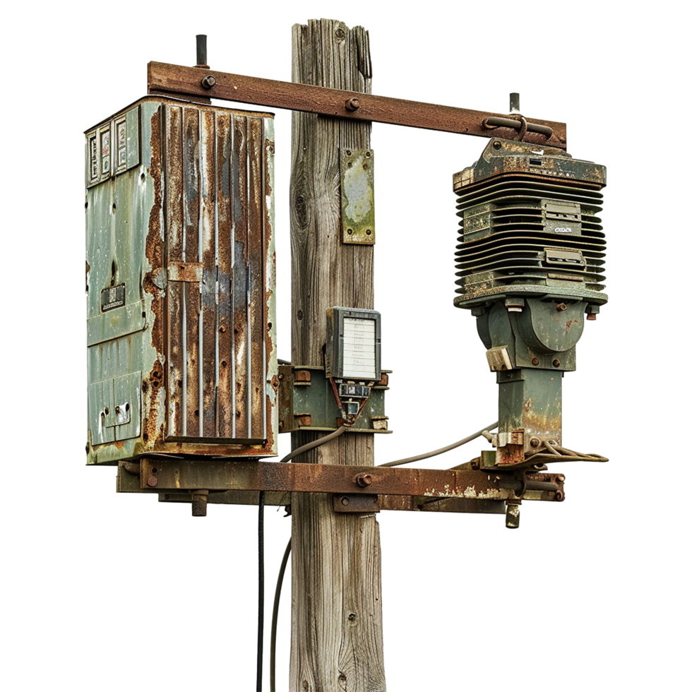 Rusty and weathered electrical equipment mounted on a wooden pole png