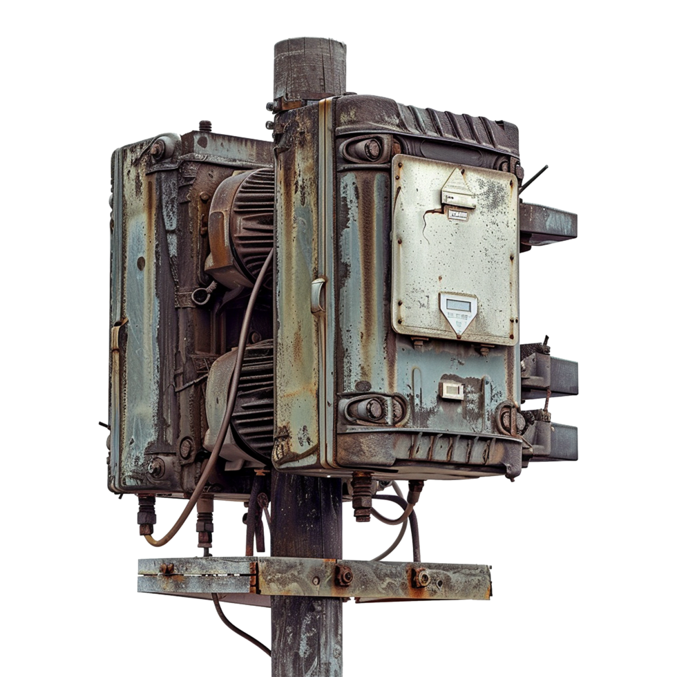 Rusty and weathered outdoor electrical equipment mounted on a pole png