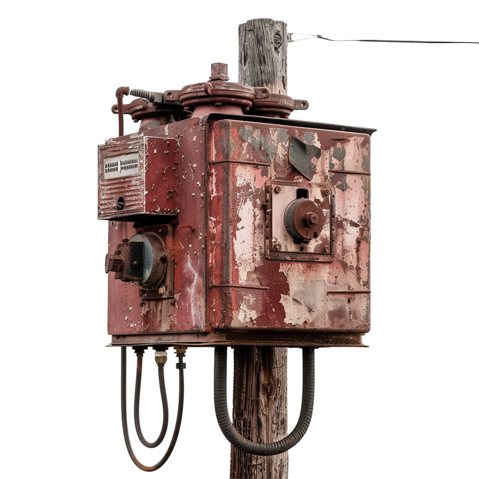 A weathered red rusty metal box mounted on a weathered wooden post with aged mechanical parts and aged hoses png