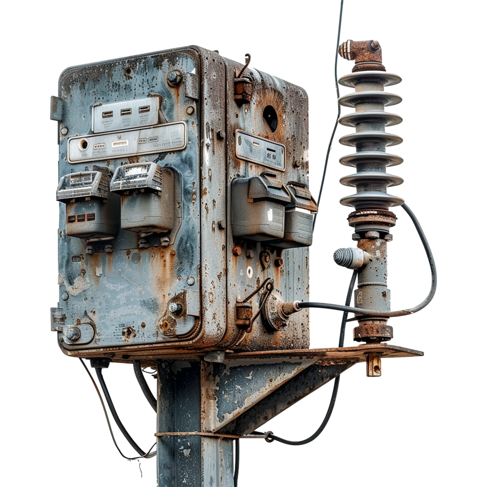 Rusty and weathered outdoor electrical utility box and surge arrester on a metal pole png