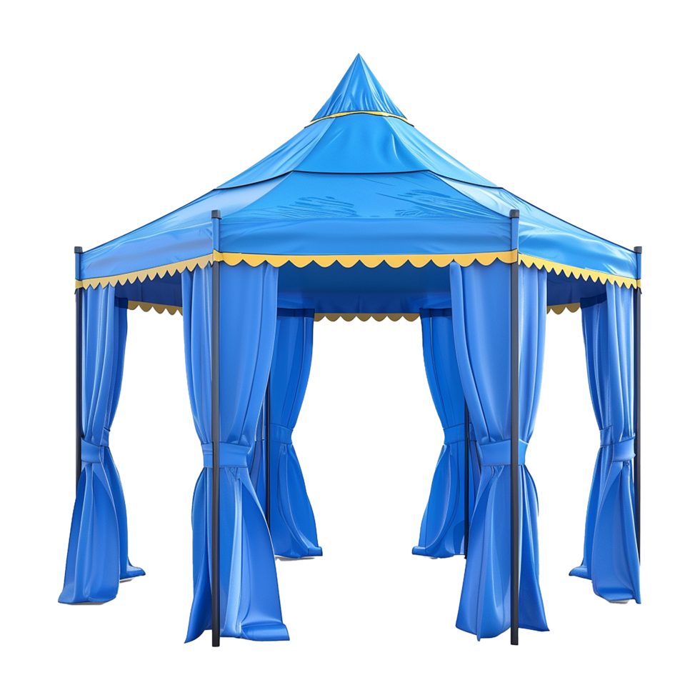 Elegant Blue Gazebo with Flowing Curtains and Yellow Trim Outdoor Wedding Party Tent png