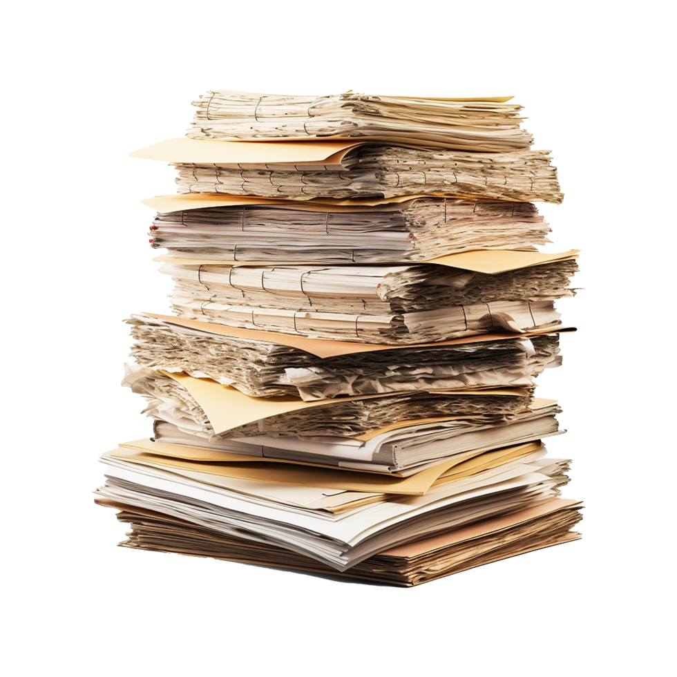 A Large Stack of Old Paper Documents and Files in a Messy Pile png