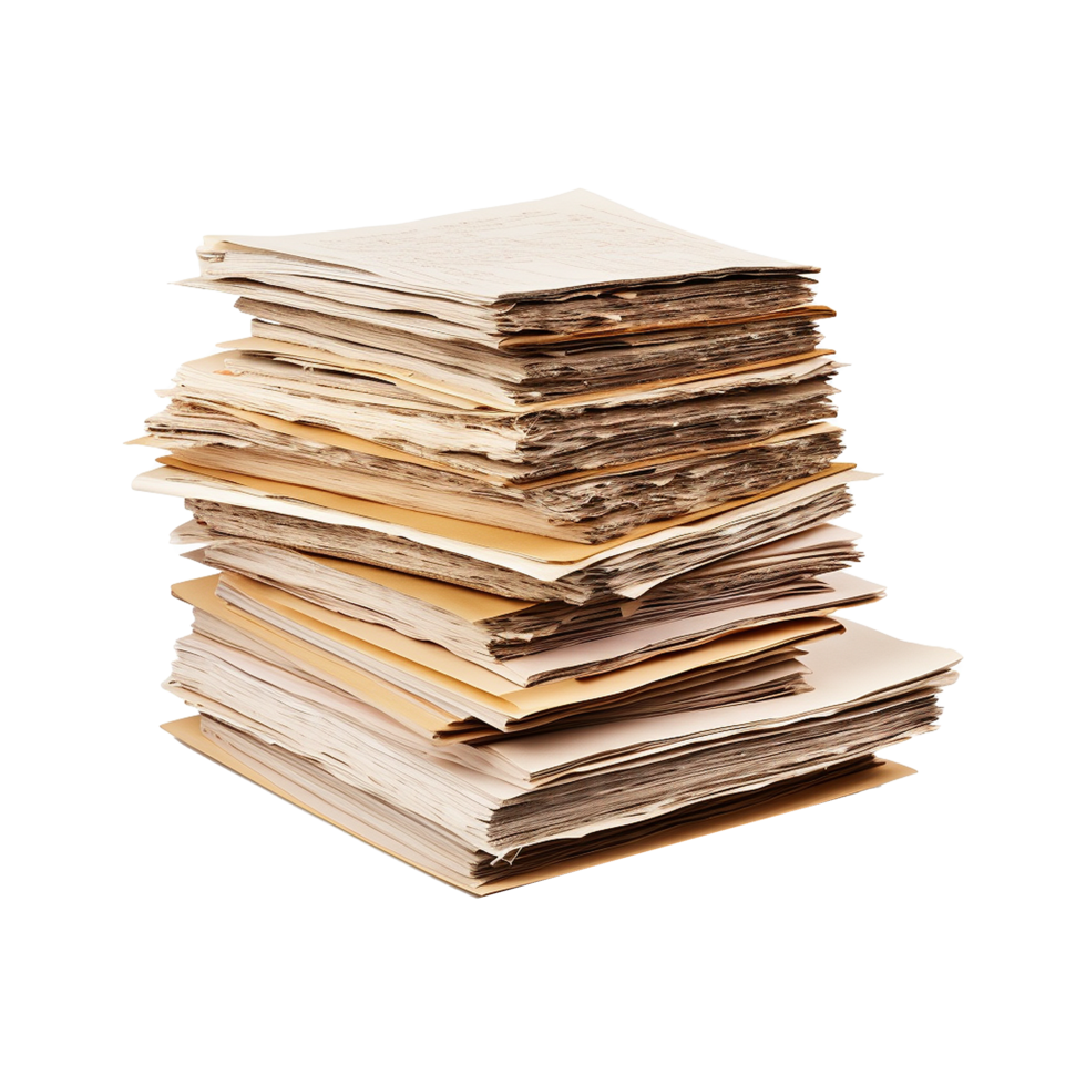 A Large Stack of Old, Dusty, and Aged Paper Documents and Files in a Cardboard Box png
