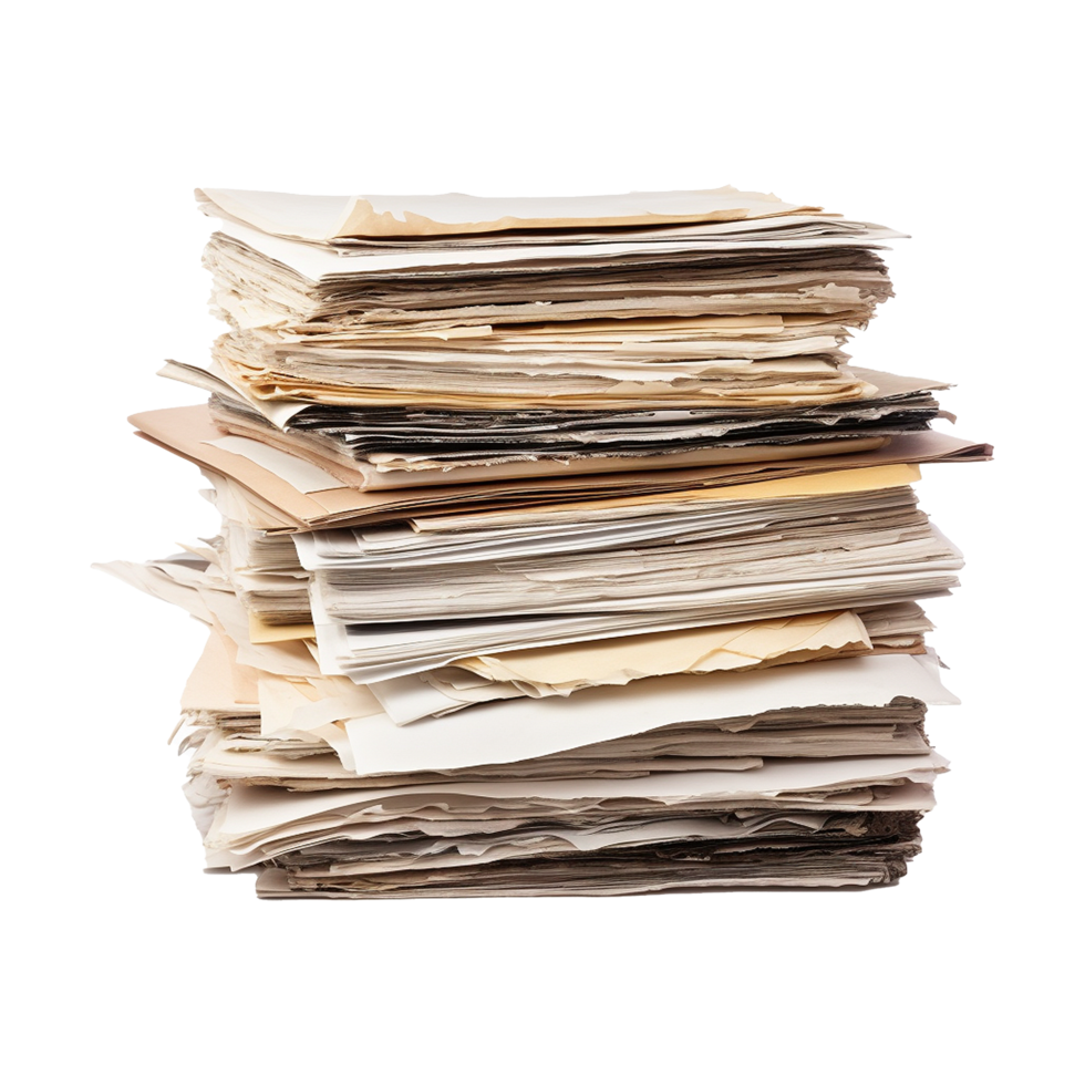 A large stack of disorganized papers and documents showing signs of age and wear png