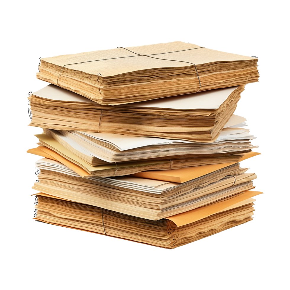 A large stack of old tied documents and papers needing organization png