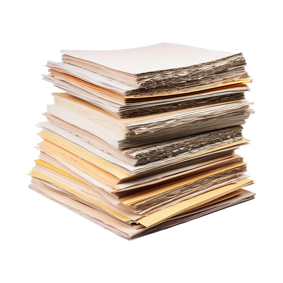 A large stack of old papers and documents showing signs of age and wear png