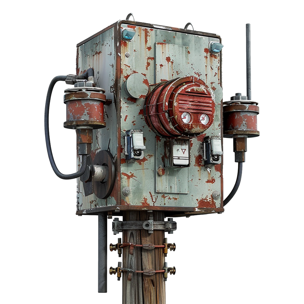 Rusty Old Electrical Box on Wooden Post with Multiple Gauges and Hoses png
