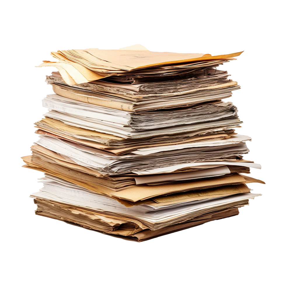 A large stack of old and aged papers and documents showing signs of age and wear png