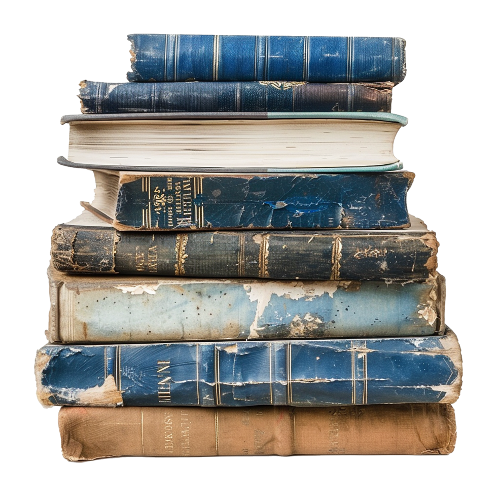 A Stack of Vintage Antique Books with Worn Blue and Brown Covers png