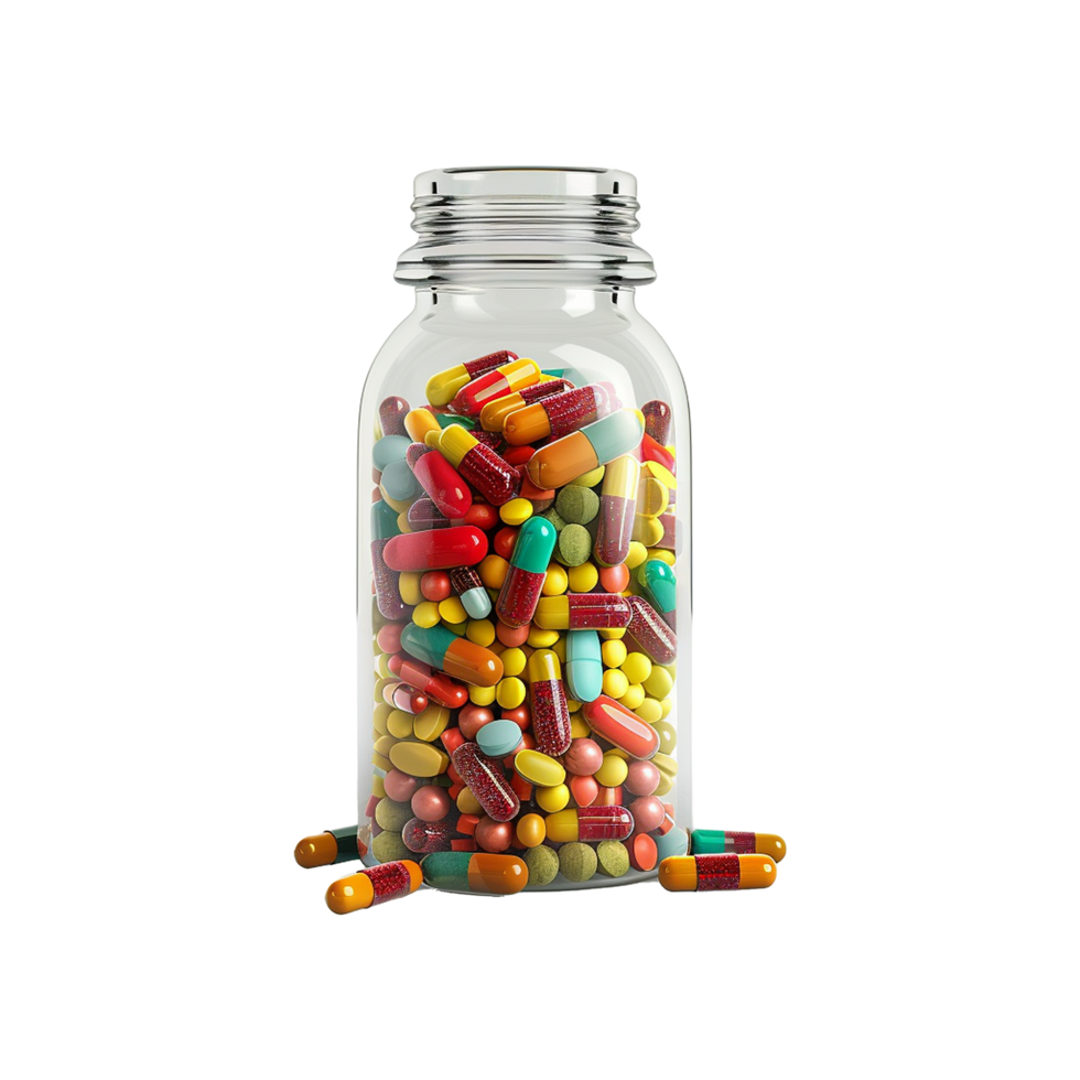 A Clear Glass Bottle Filled with Assorted Colorful Pills and Capsules png