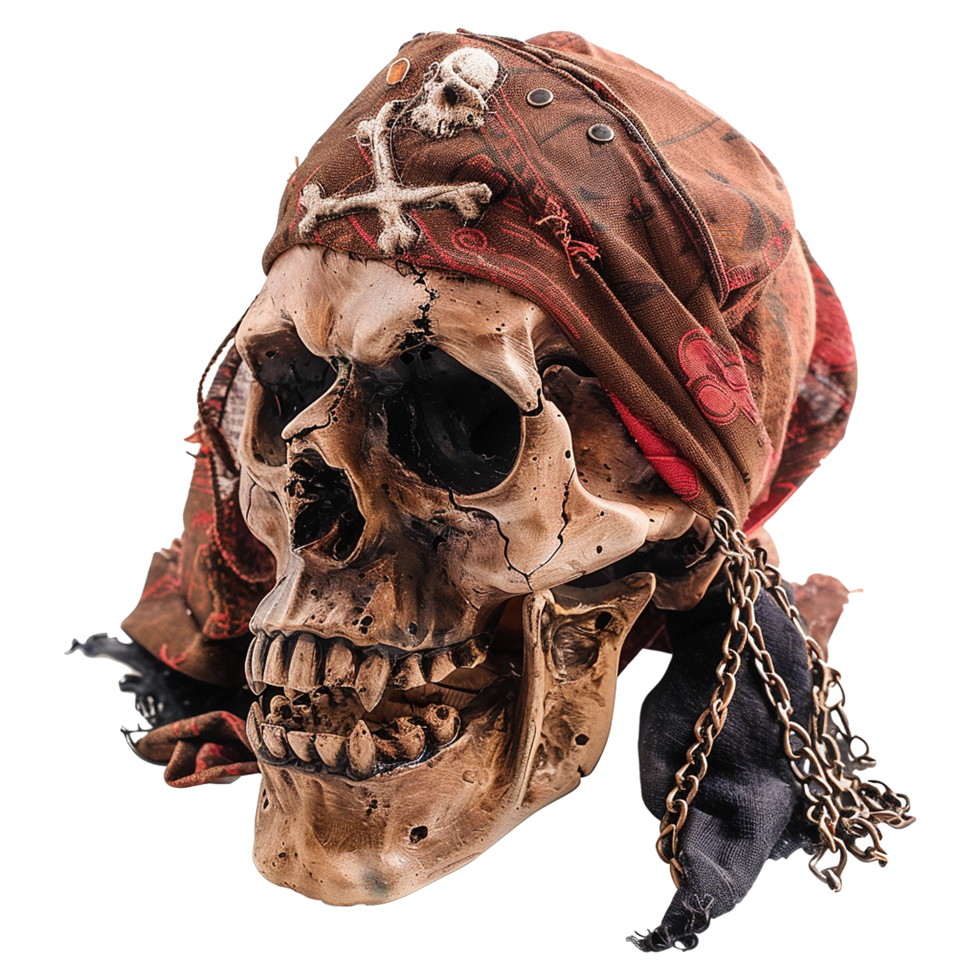 Detailed Closeup of a Pirate Skull Figurine Wearing a Brown Bandana with Crossbones and Chains png