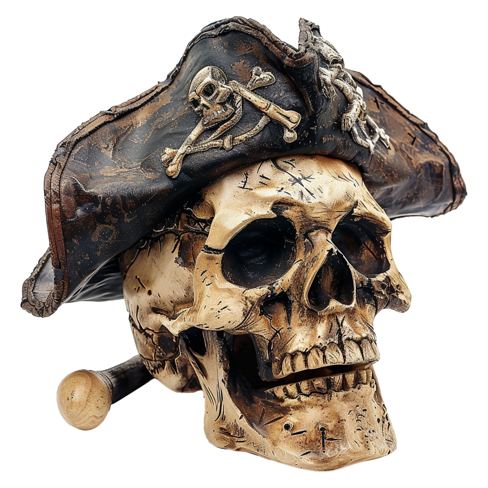 A weathered skull figurine wearing a tricorn pirate hat adorned with skull and crossbones png