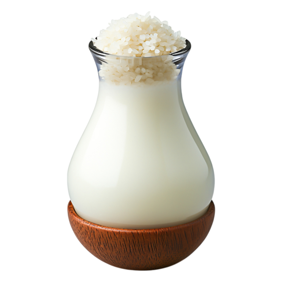 Fresh Dairy Drink in Glass with Rice Grain Topping on Wooden Base png