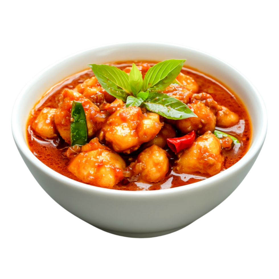 Delicious Spicy Chicken Dish with Fresh Herbs in a White Bowl png