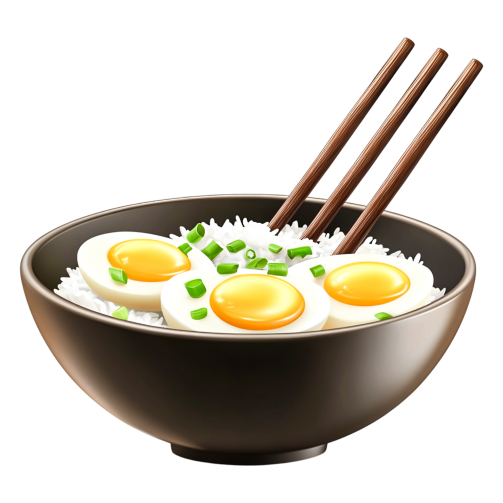 Delicious Bowl of Rice with Sliced Eggs and Chopped Green Onions png