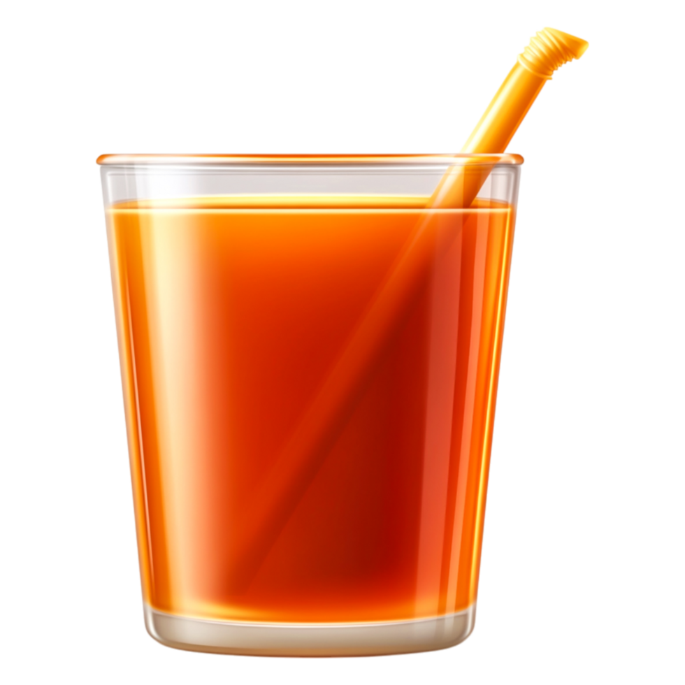 Refreshing beverage in clear glass with orange liquid and straw png