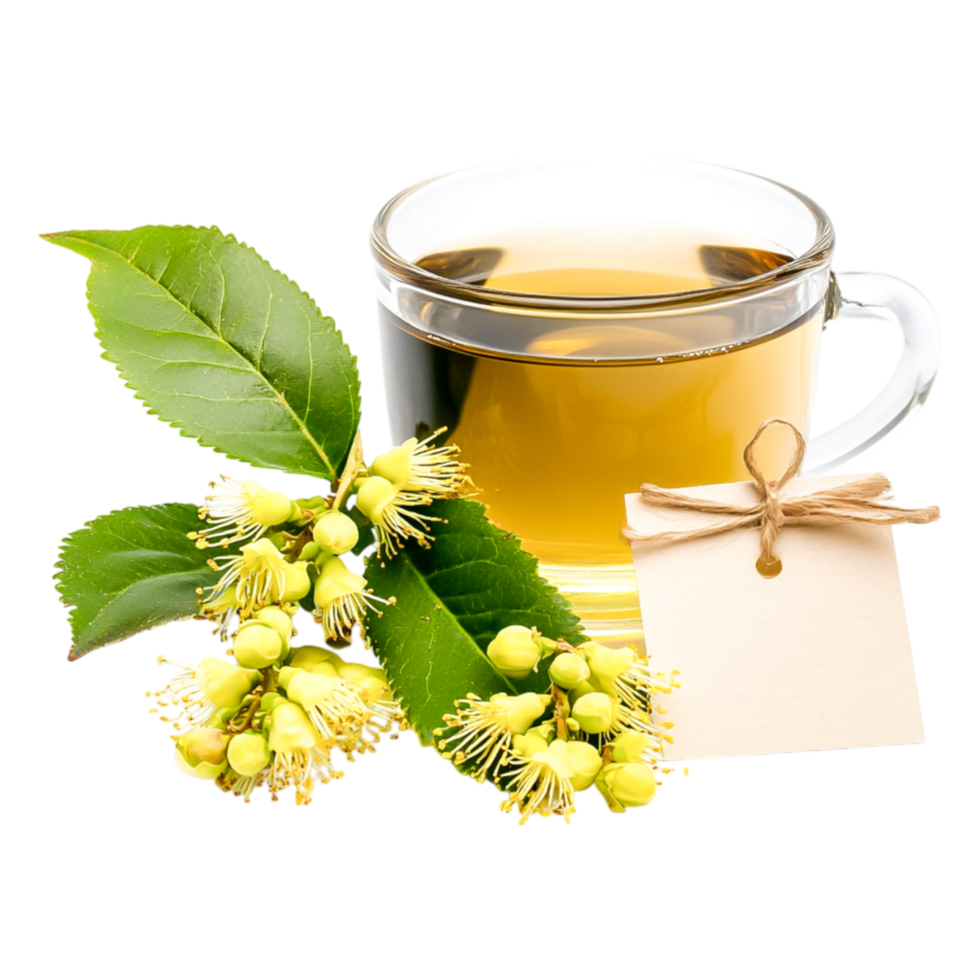 Fresh Herbal Tea with Blossoms and Green Leaves on png